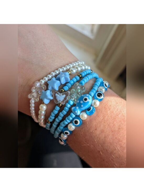 Hand Crafted Jewelry - Blue Beaded Bracelet Set Of 6